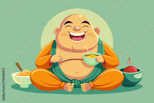 Fat cute laughing thali buddha eating noodles