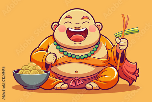Fat cute laughing thali buddha eating noodles