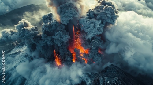 Majestic volcano eruption with lava and ash clouds photo