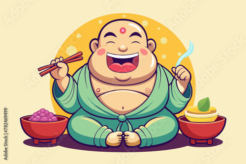 Fat cute laughing thali buddha eating noodles