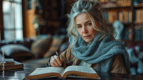 Senior stylish woman taking notes in notebook while using laptop at home. Old freelancer writing details on book while working on laptop in living room. Focused cool lady writing notary in notepad