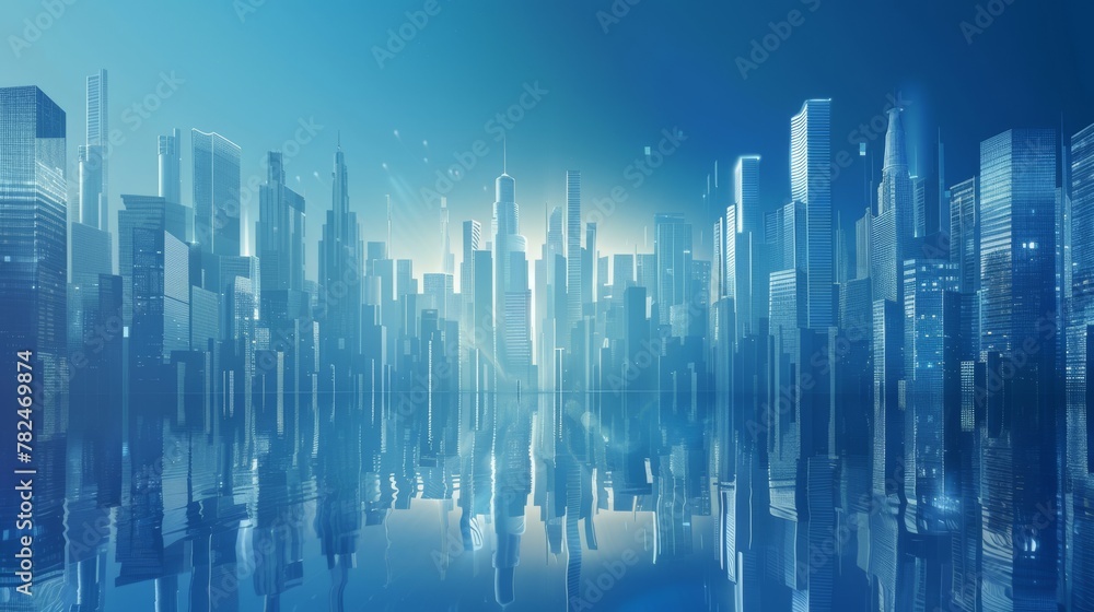 Panoramic illustration of a modern, futuristic city skyline with serene water reflections