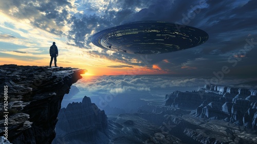 Encounter at dusk: lone observer and ufo over mountains photo