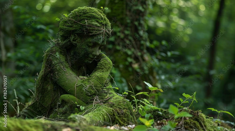 Mystical forest statue overgrown with moss Mystical forest statue overgrown with moss