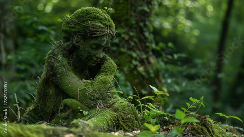 Mystical forest statue overgrown with moss