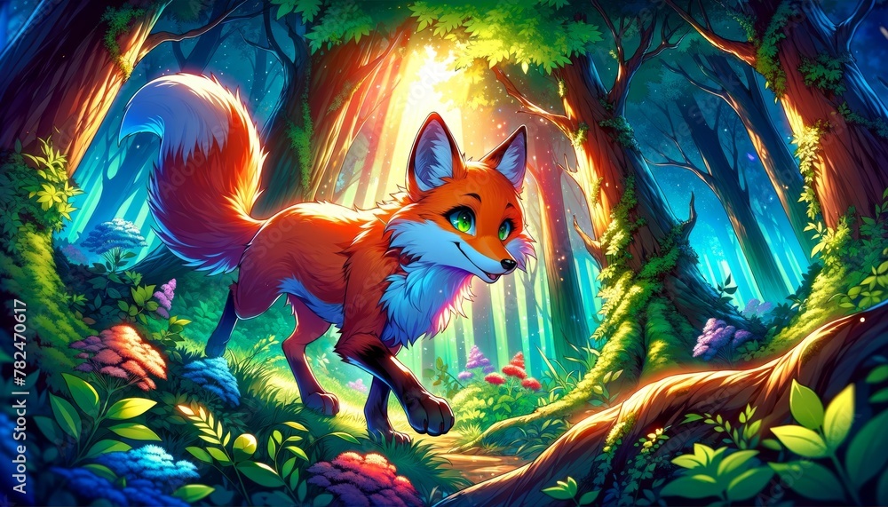 Animated Fox in a Magical Forest Full of Vibrant Colors and Light
