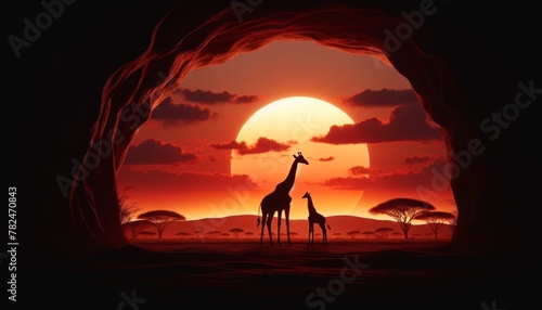 Dramatic Sunset Silhouette of Giraffes in African Savanna