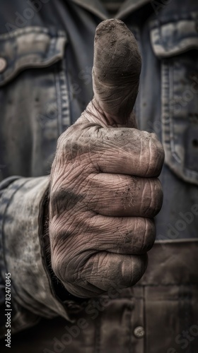 Grit and determination: close-up of a worker's thumbs up © Denys