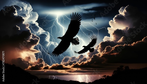 Dramatic Sky with Eagles Soaring Amidst Storm and Lightning © dragon_fang