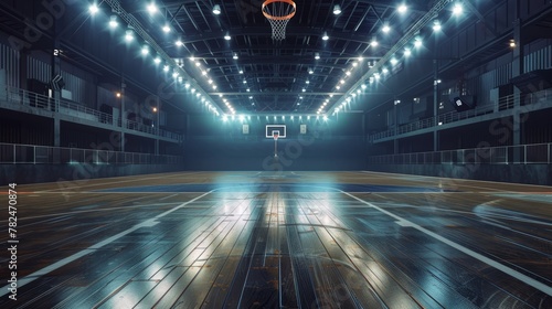 Deserted indoor basketball court with moody lighting and faded floor marks. Disused sports hall with balcony and backboard © Andrey