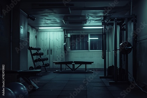 After-hours gym scene where the hushed tones of dimmed lights cast over benches and barbells evoke dedication in silence, old premises