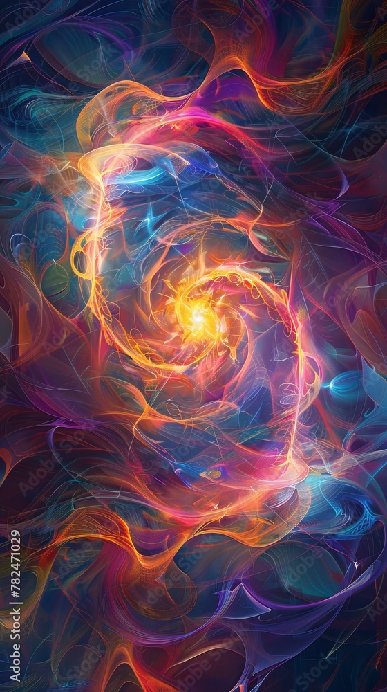 Digital artwork featuring a colorful swirl of dynamic energy lines on a dark background