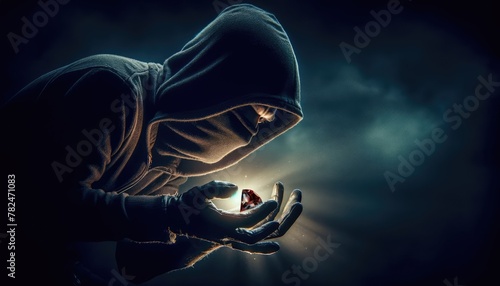 Hooded Figure Holding a Glowing Crystal in a Dark, Mysterious Setting