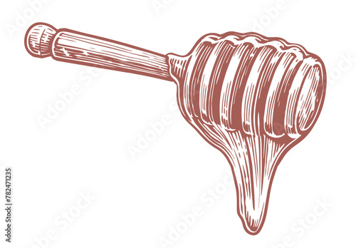 Honey flowing down from wooden dipper. Sticky syrup wood spoon. Bee product sketch vector illustration