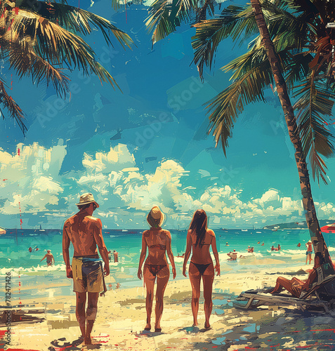 Summer holiday to the beach: swimming, sunbathing, relaxing on the sand under the palm trees, oil painted illustration photo