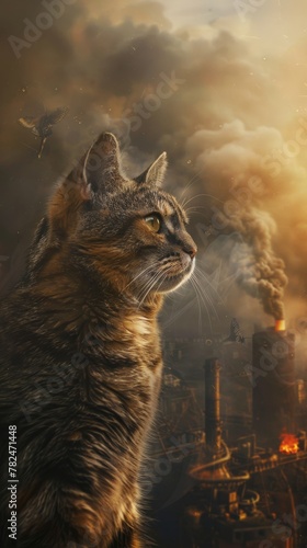 Majestic cat overlooking industrial landscape