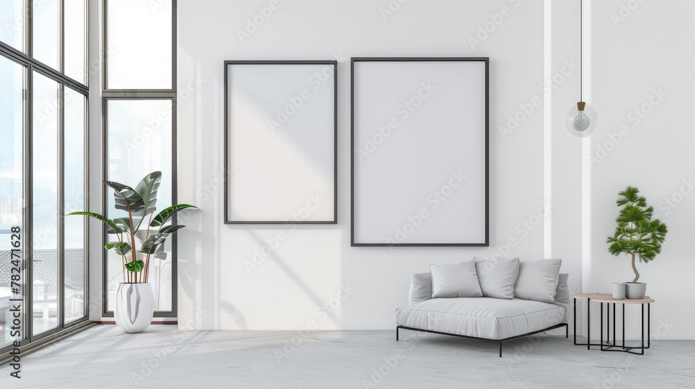 mock up poster frame in modern interior background, living room, Scandinavian style, 3D render mock up poster frame in modern interior background, living room, Scandinavian style, 3D render