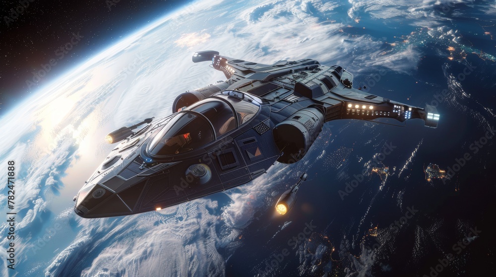 A space ship is seen flying over the earth, with the planets curvature visible below. The ship appears to be in motion, soaring through the vastness of space. A space ship is seen flying over the earth, with the planets curvature visible below. The ship appears to be in motion, soaring through the vastness of space.