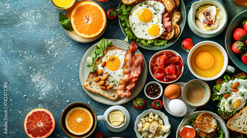 A plate of breakfast food with bacon, eggs, tomatoes, and toast. The plate is set on a table with a glass of orange juice