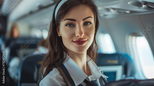 Air hostess with friendly smile in aircraft interior. Customer service and airline hospitality theme for poster and banner design © ANStudio