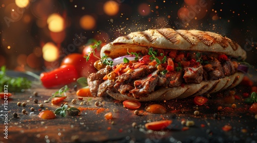 Sizzling gyro sandwich on rustic background