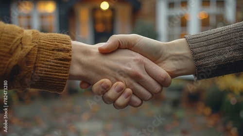 Warm handshake outside cozy home