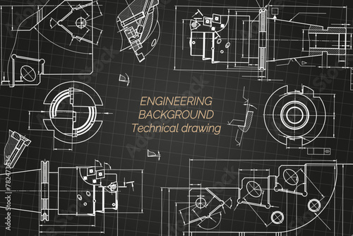 Mechanical engineering drawings on black background. Tap tools, borer. Technical Design. Cover. Blueprint. Vector illustration.