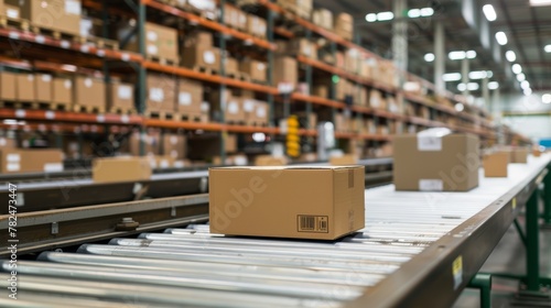 Cardboard box on conveyor belt in distribution warehouse, blurred shelves with goods in background © ANStudio