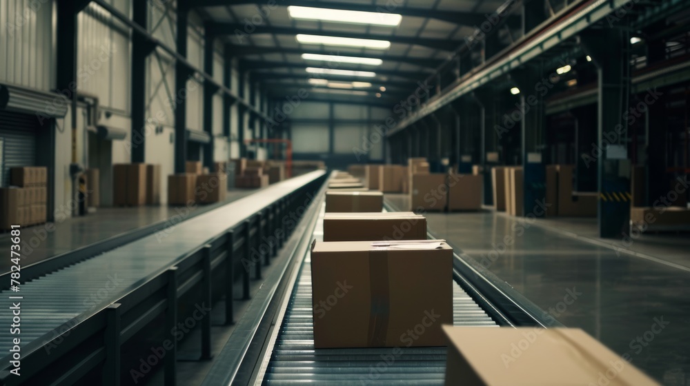 Fototapeta premium Warehouse interior with conveyor belt and parcels