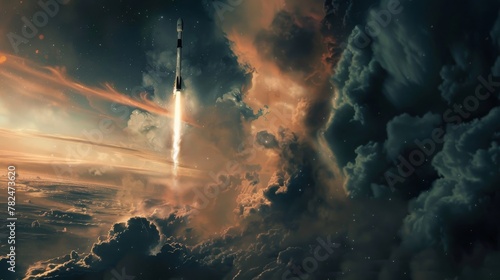A SpaceX rocket is seen launching into the sky above a layer of clouds  showcasing a powerful and dynamic moment in space exploration.