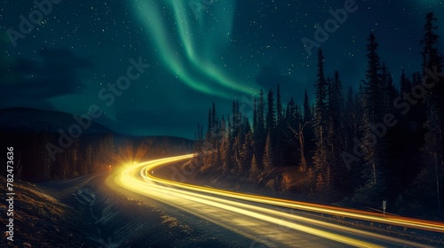 Enchanted northern lights and highway at night