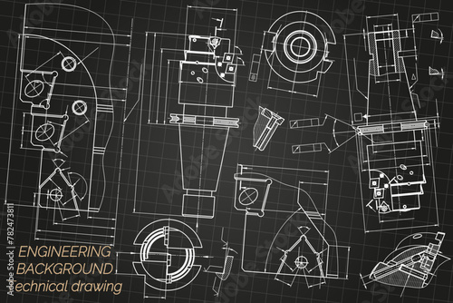 Mechanical engineering drawings on black background. Tap tools, borer. Technical Design. Cover. Blueprint. Vector illustration.