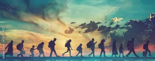 Group of people silhouettes walking against colorful sunset sky. Silhouette photography with dramatic clouds