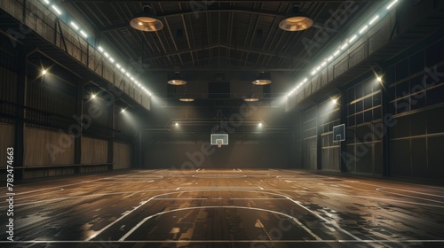Classic indoor basketball gym with dramatic lighting and wooden floor.