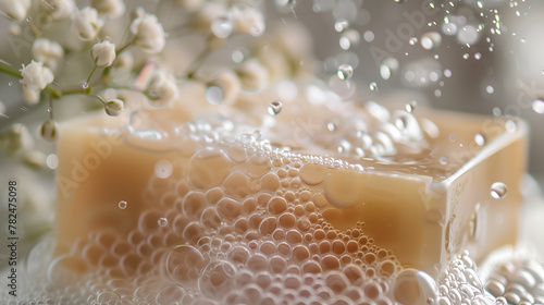 Soap bar with frothy bubbles and delicate flowers in the background.