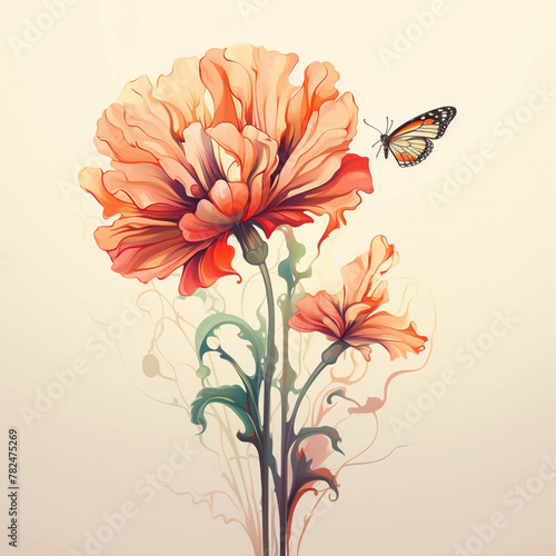 background with red poppy flowers and butterfly. Illustration of a poppy flower with butterfly on the bud.