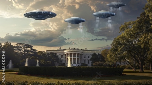 Group of UFO extraterrestrial beings, commonly known as aliens, are soaring above the iconic White House in Washington, DC, USA. The aliens with their unidentified flying objects