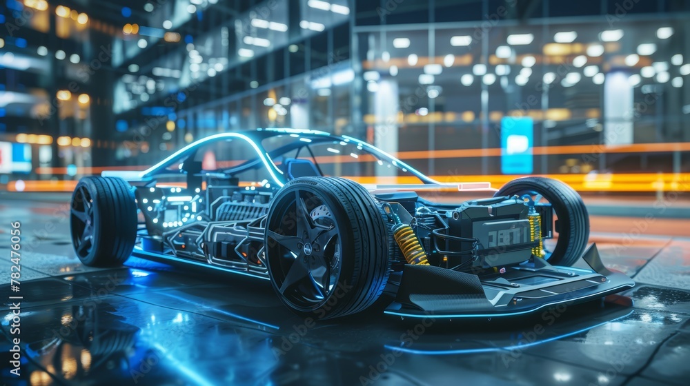 Electric sports car chassis with futuristic blue neon lights. High-tech automotive design in urban setting