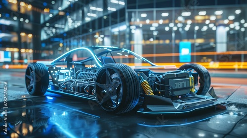 Electric sports car chassis with futuristic blue neon lights. High-tech automotive design in urban setting