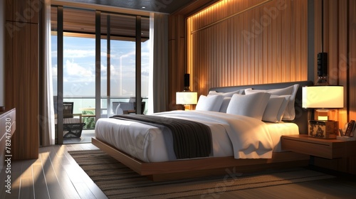 Luxury hotel room with ocean view from window, elegant bedding and wooden decor