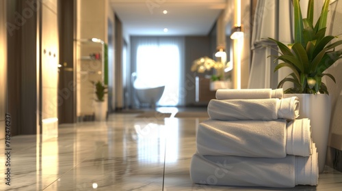 Stacked spa towels on glossy marble surface with illuminated bathroom background