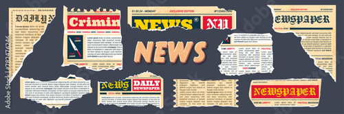 Set of vintage newspaper scraps in old retro style. Criminal, breaking, urgent daily, weekly, monthly news. Torn ripped paper. Contemporary vector mixed design style. Elements good for poster, banner.