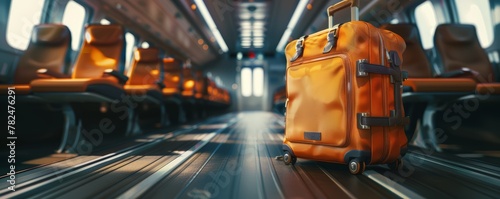 Orange suitcase in train aisle. Modern travel and adventure concept.