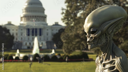 A statue of an alien standing in front of the Capitol building in Washington, DC. The white statue is a striking contrast against the backdrop of the iconic government building.