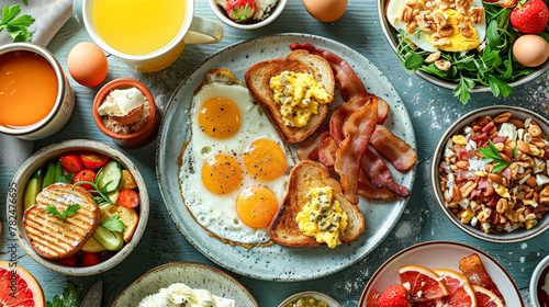 A table full of food including eggs, bacon, and toast. The table is set for a meal