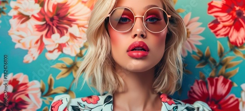 Colorful floral background with beautiful blond woman wearing fashion eyeglasses girl banner