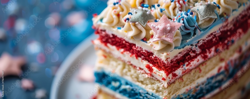 Red, white, and blue layered cake slice with star sprinkles.