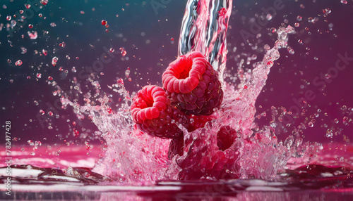Raspberry fall in clear water on magenta and purple background. Fruit, wellness, summer concept. photo