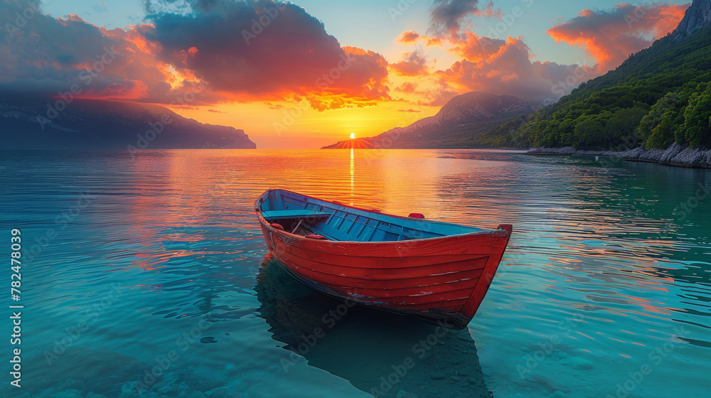 A boat is sitting in the water at sunset, AI