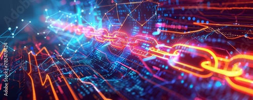 Abstract digital blockchain chains glowing over a cyber data background